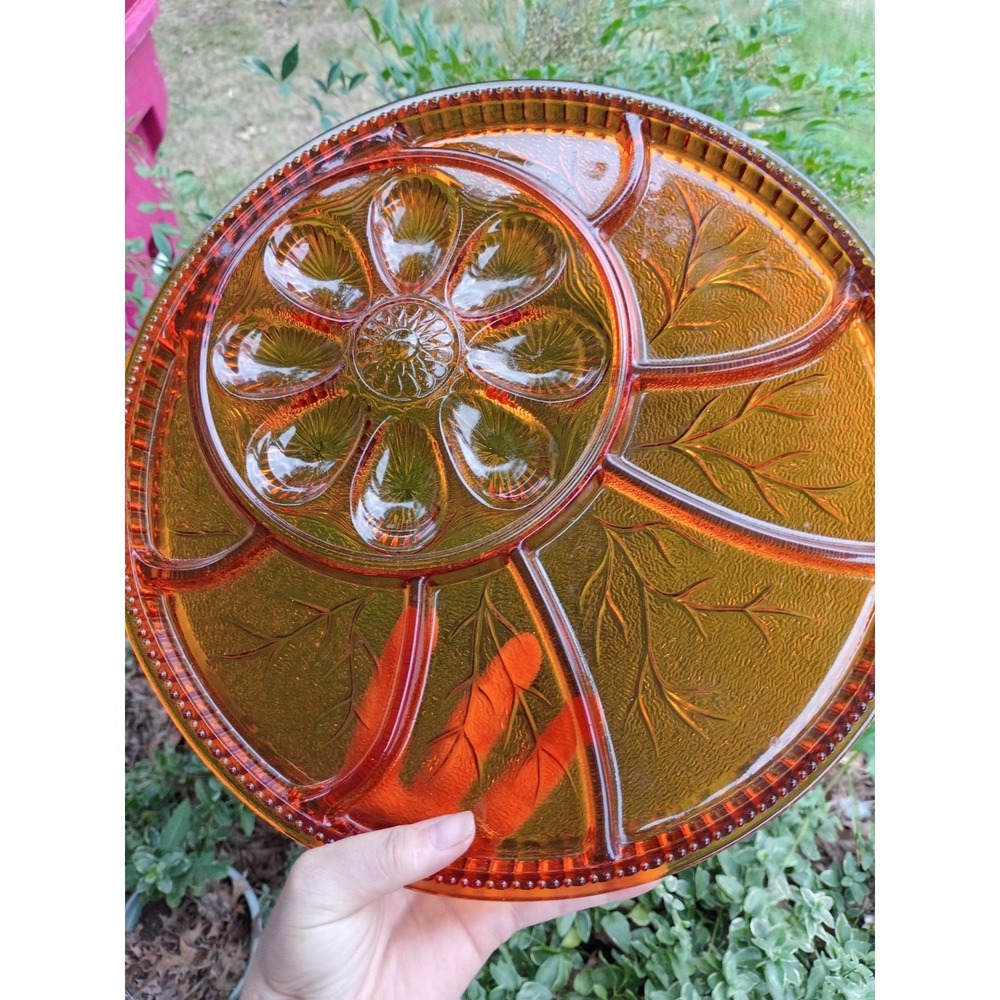 Vintage Indiana Glass Amber Tree Of Life 13"‎ Divided Devil Egg And Relish Tray